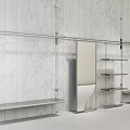 Modern Metal Shelves With Curved Panel And Multi Layer Design On Gray Concrete Wall