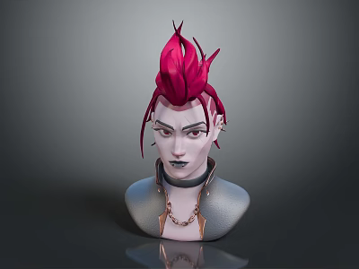 Child 3D Head Model With Red Flame Shaped Hair Black Collar And Gold Chain 3d model