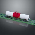 White And Red Rail Tank Car With Cylindrical Body On Green Grass Rail Tracks