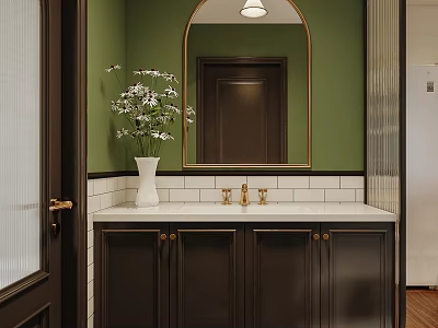 Elegant Bathroom Vanity with Green Walls Oval Mirror White Countertop and Black Cabinets 3d model