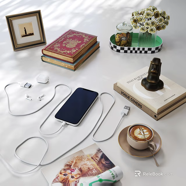 Decorative Ornament Combination with Stack of Books Vase Coffee Cup Mobile Phone and Photo Frame 3d model 