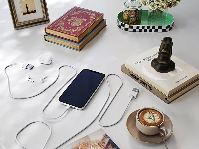 Decorative Ornament Combination with Stack of Books Vase Coffee Cup Mobile Phone and Photo Frame 3d model