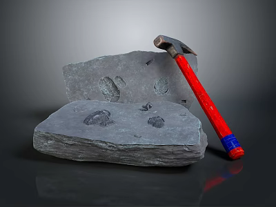Fossilized Animal Footprints Preserved On Stone With Red Handle Hammer 3d model