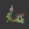 Green Motorcycle Scooter With Brown Seat And Decorative Spring Design Elements