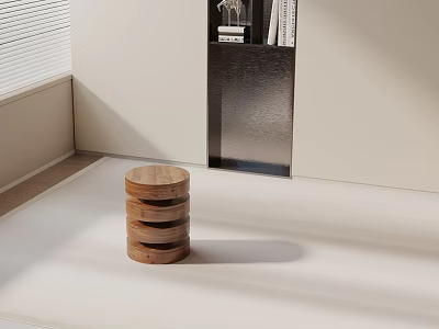 Minimalist Wooden Side Table with Cylindrical Layered Design in Bright Interior 3d model