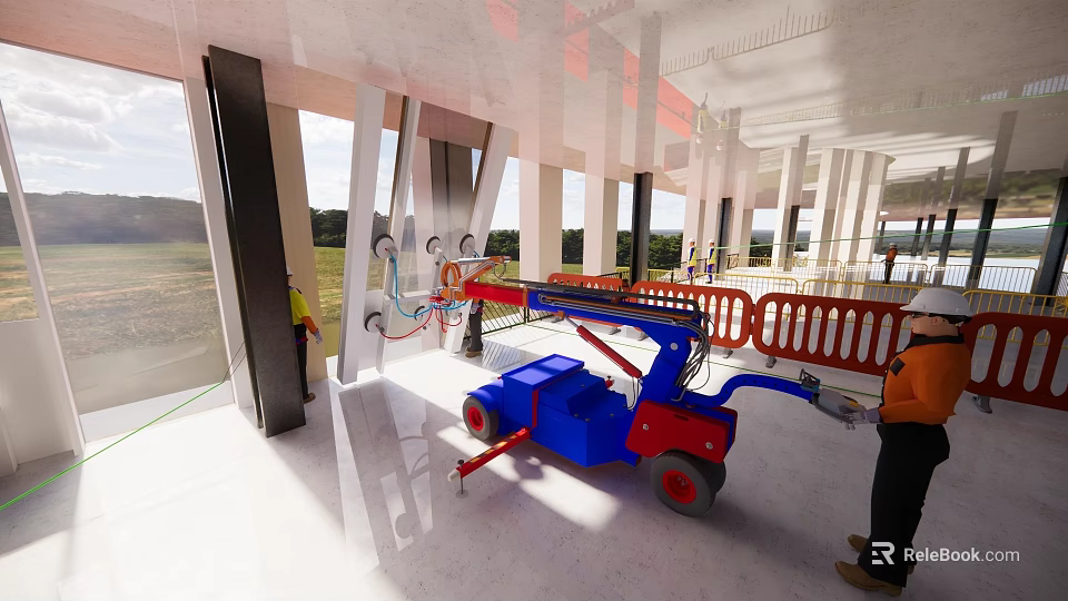 Construction Workers Using Aerial Lift At Construction Site With Columns And Open Structure 3d model 