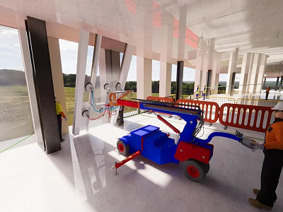 Construction Workers Using Aerial Lift At Construction Site With Columns And Open Structure 3d model