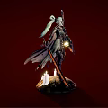 Mythical Game Character With Horned Armor Saw Sword Shield Stone Base Candles On Red Background