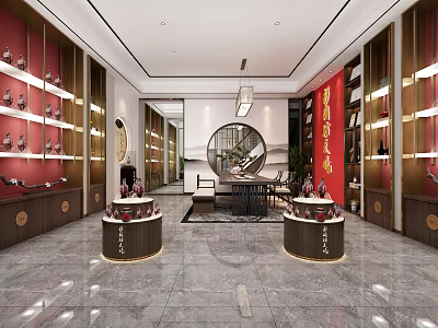 Elegant Tobacco and Liquor Store Interior with Wine Display Shelves and Chinese Style Decor 3d model