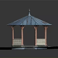 Traditional Octagonal Gazebo With Blue Roof Red Pillars And White Railings On Stone Paved Ground