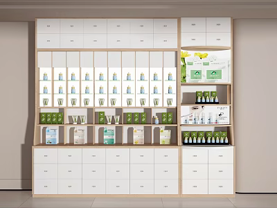 White Wooden Multi Tiered Display Cabinet Shelving with Shelves Drawers Bottled and Boxed Products 3d model