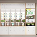 White Wooden Multi Tiered Display Cabinet Shelving with Shelves Drawers Bottled and Boxed Products