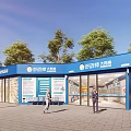 Blue Pharmacy Storefront With Glass Doors Signage Trees And Pedestrians Around