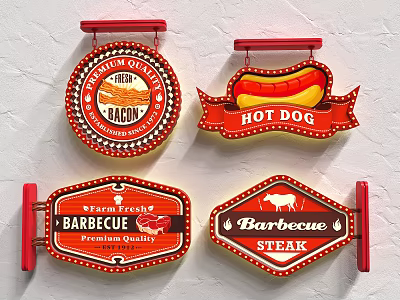 Vintage Food Logo Collection Featuring Bacon Hot Dog Barbecue Steak and Retro Sign Design 3d model