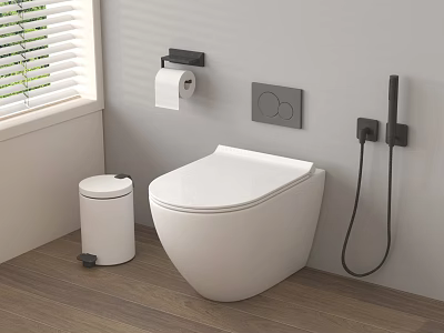 Modern White Toilet with Trash Bin Toilet Paper Holder Control Panel and Black Bidet Sprayer 3d model