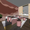 Spa Sauna Interior Featuring Massage Beds Wavy Orange LED Wall Wooden Cabinets And Marble Countertop