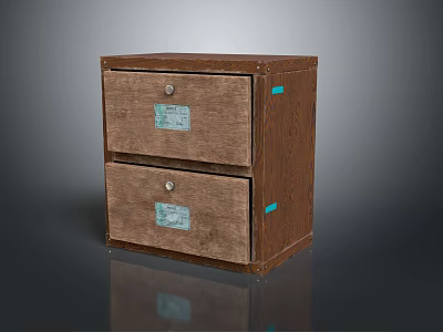 Brown Wooden Nightstand With Two Drawers Labels Lock Fasteners And Blue Side Stickers 3d model