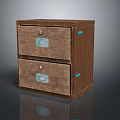 Brown Wooden Nightstand With Two Drawers Labels Lock Fasteners And Blue Side Stickers