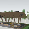Wooden Rest Pavilion With Open Roof Structure Green Trees And Seating Area