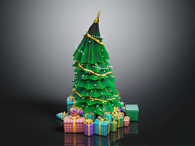 Green Christmas Tree With Golden Decorations And Colorful Gift Boxes Around 3d model