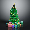Green Christmas Tree With Golden Decorations And Colorful Gift Boxes Around