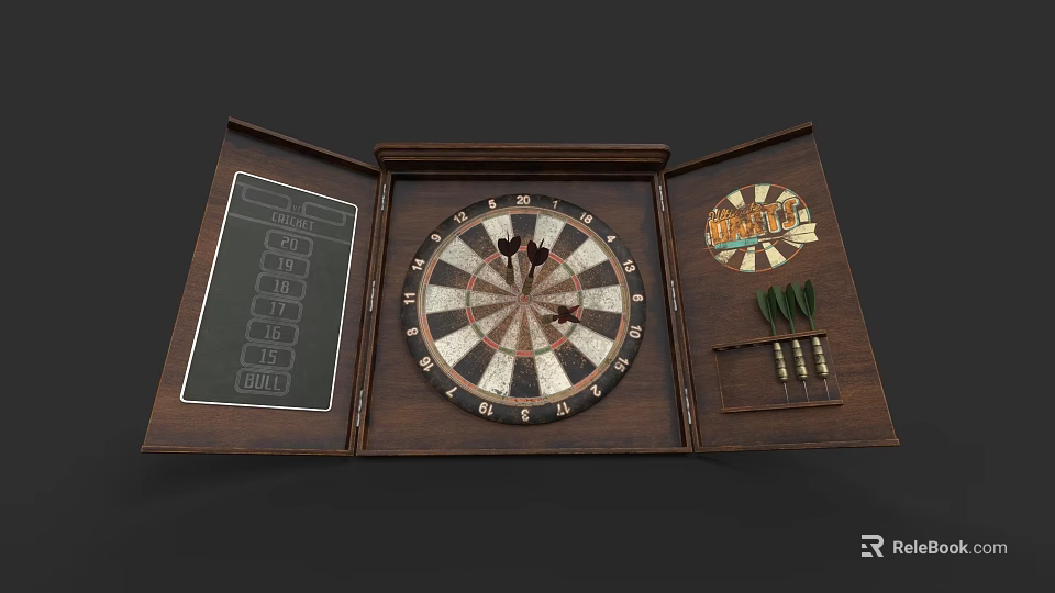 Traditional Dartboard Set In Wooden Case With Scoreboard And Darts 3d model 