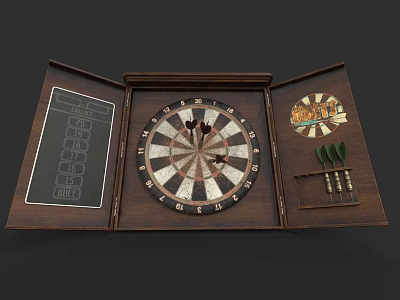 Traditional Dartboard Set In Wooden Case With Scoreboard And Darts 3d model