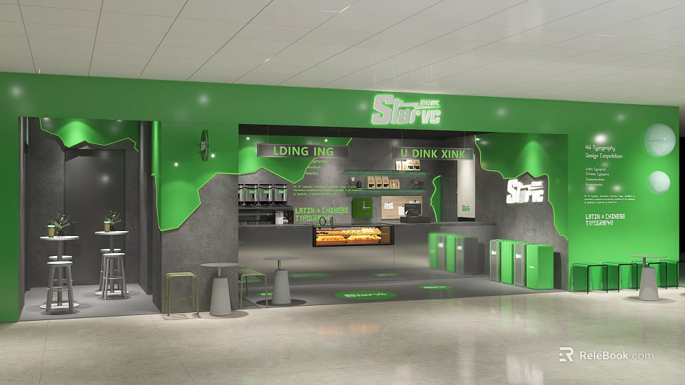 StarTea Green Bubble Tea Shop Interior With Dining Area And Drink Station 3d model 