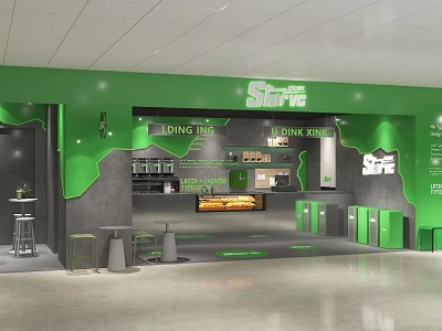 StarTea Green Bubble Tea Shop Interior With Dining Area And Drink Station 3d model