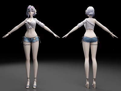 3D Female Character Model With Front Back Views Purple Hair White Top Blue Denim Shorts 3d model