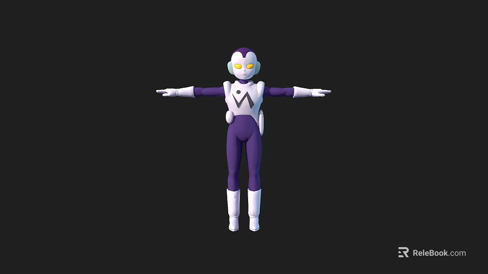 Game Movie Character In Purple White Outfit W Logo Chest Helmet Yellow Eyes Arms Outstretched 3d model 
