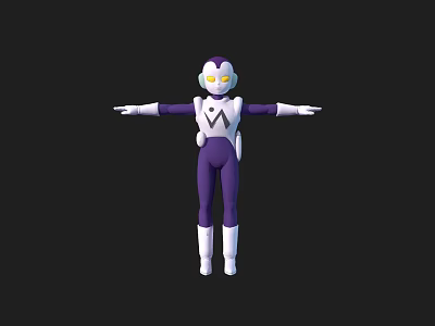 Game Movie Character In Purple White Outfit W Logo Chest Helmet Yellow Eyes Arms Outstretched 3d model