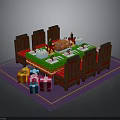 Festive Dining Table Setup With Wooden Chairs Colorful Gift Boxes And Green Tablecloth