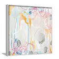 Four Abstract Paintings With Soft Colors Circles And Lines Hanging On Green Wall