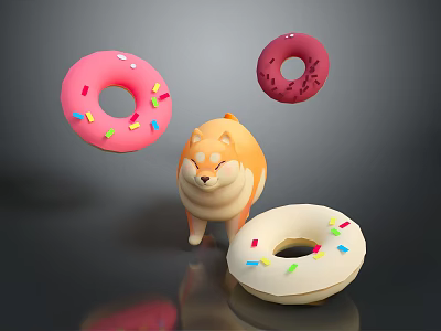 Colorful Donuts With Sprinkles And Chocolate Shavings Next To Shiba Inu Figure 3d model Colorful Donuts With Sprinkles And Chocolate Shavings Next To Shiba Inu Figure 3d model