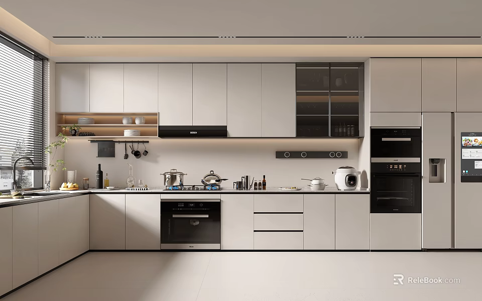 Modern Kitchen Interior With White Cabinets Countertop And Stainless Steel Appliances 3d model 