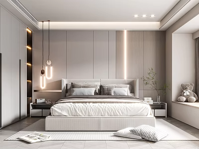 Modern Bedroom Interior With Platform Bed Pendant Lights Accent Lighting And Neutral Tones 3d model