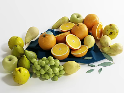 Assorted Fresh Fruits Including Sliced Oranges Apples Pears Grapes Lemons Green Leaves And Blue Cloth 3d model