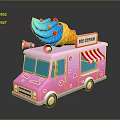 Pink Ice Cream Truck With Giant Cone Sign And Striped Awning Decorations