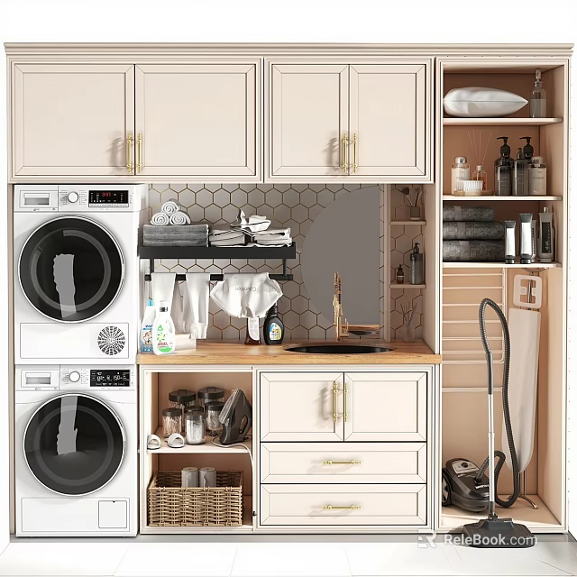 Modern Balcony Interior With Washing Machine Dryer Countertop And Cabinets 3d model 