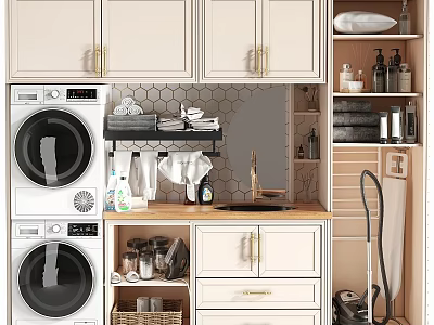 Modern Balcony Interior With Washing Machine Dryer Countertop And Cabinets 3d model