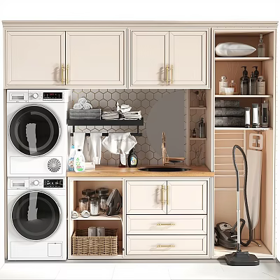 Modern Balcony Interior With Washing Machine Dryer Countertop And Cabinets 3d model