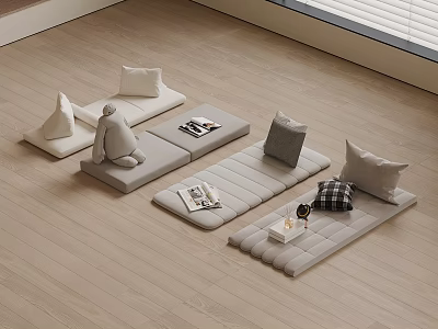 Modern Living Room With Grey And Beige Floor Cushions Arrangement Pillows And Decor 3d model