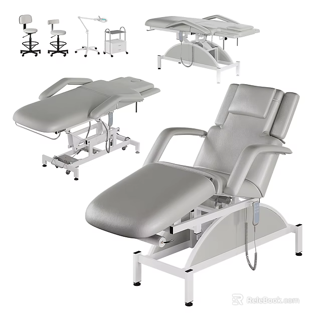 Adjustable Medical Examination Tables and Treatment Chairs with Grey Cushions and White Frames 3d model 