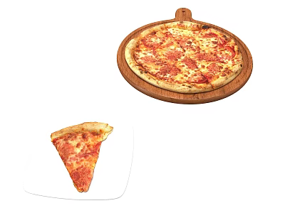 Delicious Whole Pizza on Wooden Board with Slice on White Plate 3d model