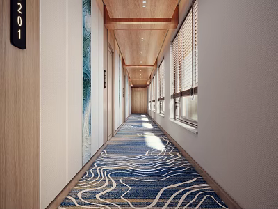 Modern Hotel Corridor With Wooden Ceiling Blue White Wave Carpet And Wall Decor 3d model