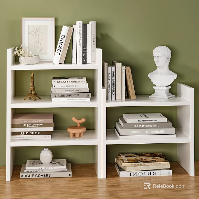 Decorative Tiered White Shelf With Books Bust Eiffel Tower Model Ceramic Vase On Green Wall 3d model 