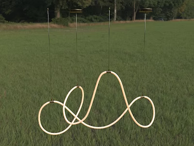 Modern Curved Loop Chandelier Hanging In Outdoor Grassy Field With Trees 3d model