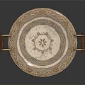 Decorative Round Tray With Wooden Handles And Intricate Floral Patterns