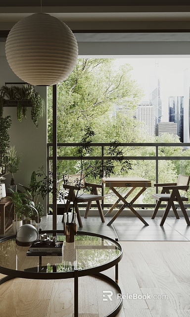 Home Balcony With Lush Plants Wooden Table Chairs And Green Tree City View 3d model 